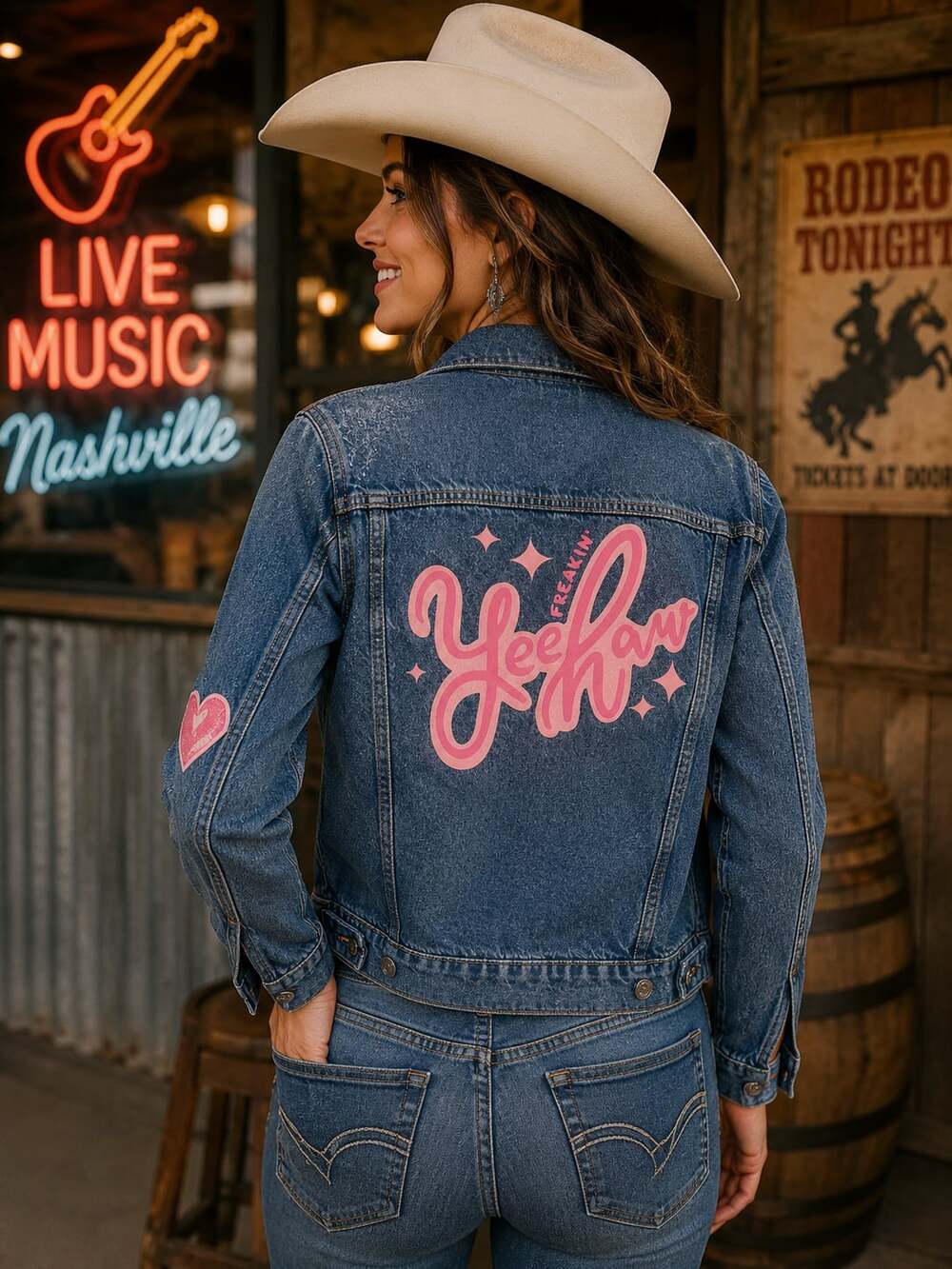 Levi’s Medium Denim Trucker Jacket Custom Yeehaw Rodeo Western Nashville Pink M